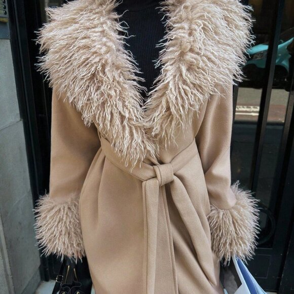 Khaki Bohemian Women's Long Coat with Faux Fur Trim - Picture 8 of 8